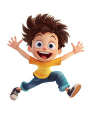 A cartoon boy is jumping in the air with his arms raised