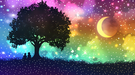 A colorful tree with two people sitting in the grass. The sky is filled with stars and a moon. Generative AI