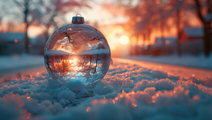 Christmas decorations ball on snow. Created with Ai