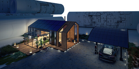 Energieversorgung an einem Einfamilienhaus mit Solar-Carport (isoliert für dunklen Hintergrund) – 3D-Visualisierung