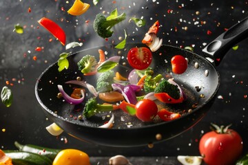 Fresh vibrant vegetables dancing around a sizzling skillet, capturing the essence of a nutritious and tasty dish