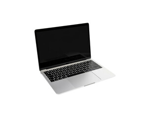 A laptop with a black screen is open on a white background