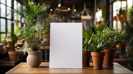 Blank white paper sheet mockup on wooden table in coffee shop