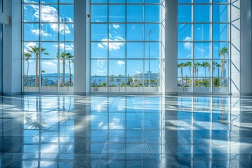 A modern glass atrium offering a sunny view of palm trees and blue sky, reflecting on a polished floor