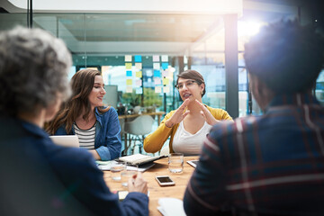 Business meeting, group and brainstorming for team, creative and collaboration. Planning, project and discussion or feedback, communication and office in sharing ideas, strategy and teamwork, notes