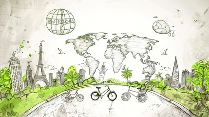 Illustration of World Bike Day Green Travel and Environmental Protection Festival,AI generated.