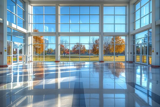 A modern atrium with large glass windows showcasing a view of autumn trees and a sunny blue sky