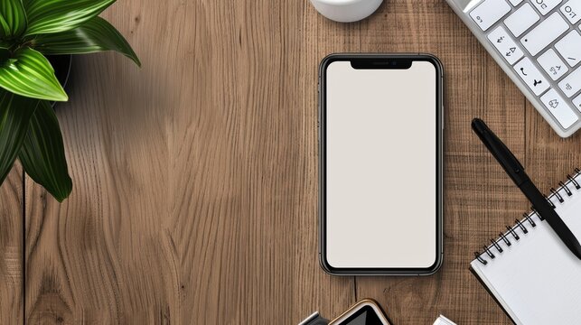Top view of wooden office desk with blank screen smartphone, supplies and coffee cup.