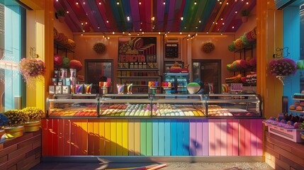 26 A whimsical setup of a gelato shop offering rainbowflavored scoops, with a clear view of the bustling street during Pride