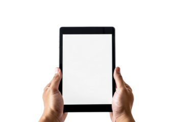 A person is holding a tablet with a white screen