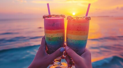 37 A romantic setup of two glasses of rainbowlayered smoothies, shared by a couple with a backdrop of a sunset during Pride Month