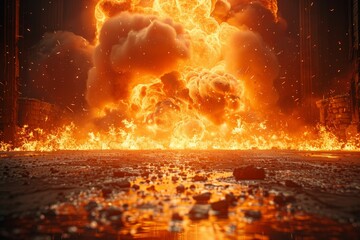 An apocalyptic scene depicts an intense explosion with bright, fiery flames consuming the environment, creating a sense of urgency