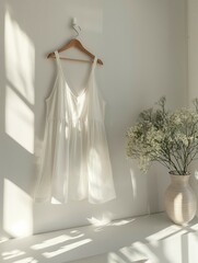 White dress mockup, lovely dress hanging on wall hanger