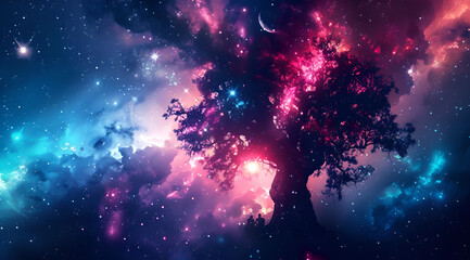 A tree is in the middle of a starry sky. The sky is filled with stars and the tree is surrounded by them. Generative AI