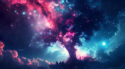 A tree is in the middle of a starry sky. The sky is filled with stars and the tree is surrounded by them. Generative AI