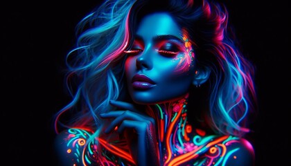 Young Woman in Neon Glow - UV Light Portrait. Portrait of a young woman in neon light, featuring artistic fluorescent make-up and UV-reactive design.