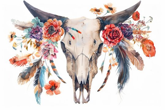 Bull skull with floral and feather decor in watercolor - ideal for boho or southwestern styles