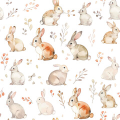 Fototapeta premium A seamless repeating pattern watercolor painting of a group of rabbits in a field