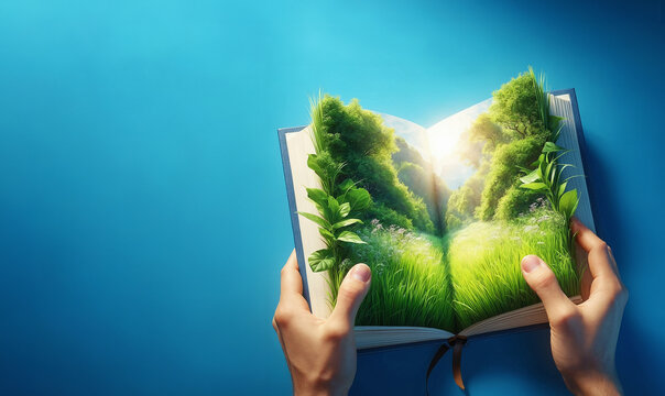 hands with opened a book with a 3D meadow, grass and trees, photo realistic illustration of ecological education concept