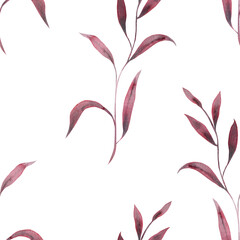 Monochrome burgundy twigs with leaves. Seamless pattern on a white background. Hand drawn watercolor illustration. For design, fabrics, textiles, wallpaper, prints, wrapping paper