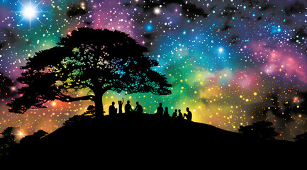 A group of people are sitting under a tree in a starry sky. Generative AI