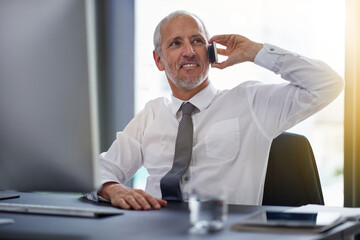 Obraz premium Phone call, businessman and cellphone for communication, conversation and office for talk. Technology, mobile and discussion for senior manager, seo and speaking with smile for attorney or lawyer