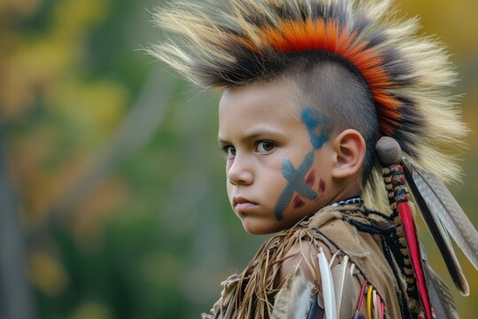 Portrait of a serious young boy with a colorful mohawk and tribal face paint in natural setting