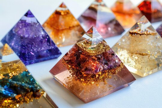 Beautiful Orgone Generator Pyramids on White Background. Crystals and Nature-Inspired Design