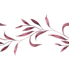 Monochrome burgundy twigs with leaves. Seamless border pattern isolated on white background. Hand drawn watercolor illustration. For design, invitations, cards, decoration