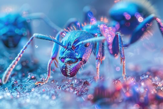 Colourful Closeup of Blue Ghost Ants Feeding on Spilt Food in a Tropic Kitchen - Animal Photography