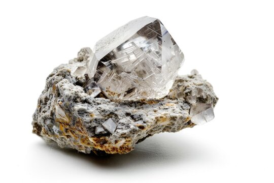 Herkimer Diamond Gemstone on Matrix Bedrock Isolated on White Background - Mining and Geology