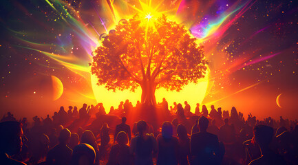 A tree with a group of people around it. The people are gathered around the tree, and the tree is surrounded by a bright sun. Scene is joyful and celebratory. Generative AI