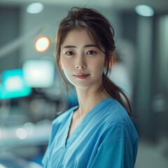 Obraz premium This elegant portrait of a confident young Korean female doctor, smiling gently in medical scrubs, is set in a bright, modern healthcare facility.