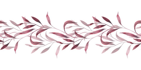 Monochrome burgundy twigs with leaves. Seamless border pattern isolated on white background. Hand drawn watercolor illustration. For design, invitations, cards, decoration