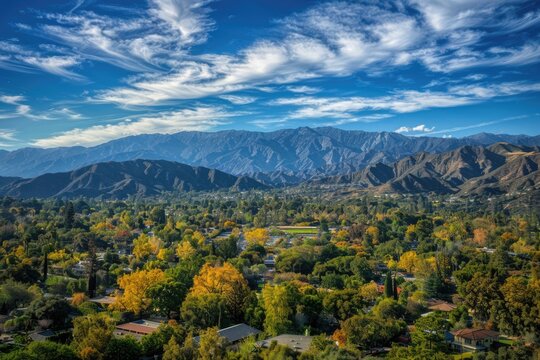 Aerial View of Altadena. The Mesmerizing Countryside and Blue Skies of Los Angeles area