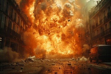 A dramatic image capturing an immense fireball explosion amidst urban streets with buildings and cars