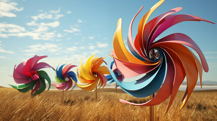 Obraz premium A field of colorful kinetic sculptures swaying in the wind, their shapes transforming in a hypnotic dance.
