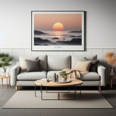 A couch and coffee table in a Room with a template mockup poster empty white and image realistic has illustrative meaning card design.