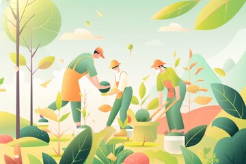 Volunteers Planting Trees and Restoring Habitats in a Warm and Vibrant CalArts-Inspired. Beautiful simple AI generated image in 4K, unique.