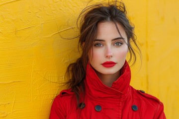 Striking young woman with mesmerizing eyes, draped in red against a bright yellow textured backdrop