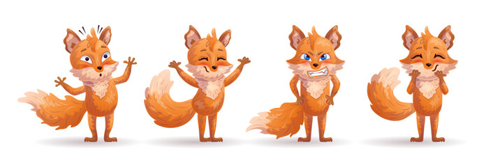 Fototapeta premium Set of amusing cartoon foxes in different poses. Vector illustration.