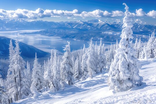 Schweitzer Mountain Peak on a Sunny Winter Day: Winter Sports and Recreation with Frozen Trees