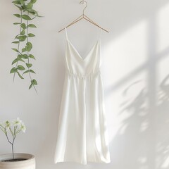 White dress mockup, lovely dress hanging on hanger, 3d render
