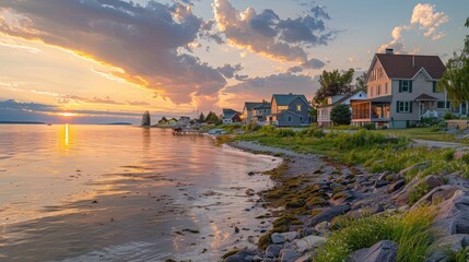 Houses Facing Waterfront in Kamouraska, Quebec: Beautiful Sunset View Over St. Lawrence Estuary