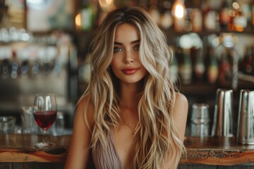 Elegant blonde woman with beautiful makeup in a bar setting with a glass of wine
