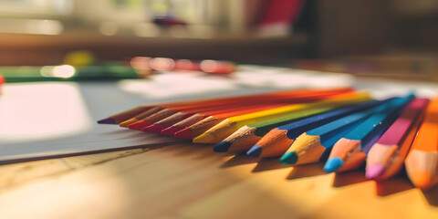 A close up of a row of colored pencils lined up on top of each other Details of colored pencil tips isolated on brown background There are a lot of colored pencils standing vertically in a stationery  - Powered by Adobe