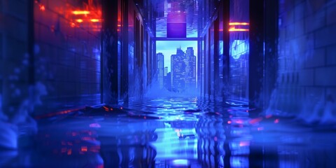 futuristic cityscape submerged in neon-lit floodwaters