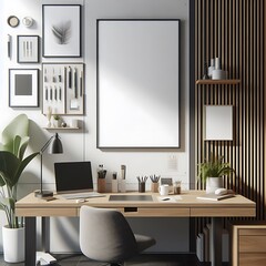 A desk with a chair and a picture frame on the wall image photo harmony used for printing.