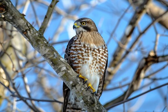 Sharp-Shinned Hawk perched majestically on a winter tree branch during the day