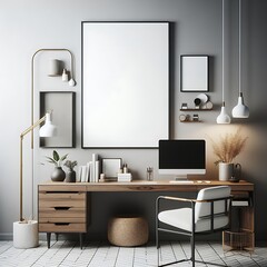 A desk with a computer and a chair and a picture frame on the wall image harmony has illustrative meaning used for printing.